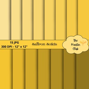 Può includere: Un set di 15 sfondi di carta digitale in varie tonalità di giallo. I fogli sono di 30,48 cm per 30,48 cm e 300 DPI. Il testo "Saffron Solids" è visualizzato sull'immagine.