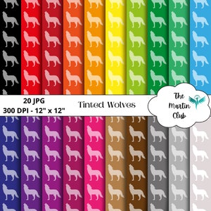 May include: A set of 20 digital paper designs featuring a repeating pattern of white howling wolves on various colored backgrounds. The colors include black, red, orange, yellow, green, blue, purple, pink, brown, and gray. The text "Tinted Wolves" and "The Martin Club" are also included in the image.