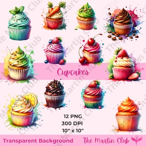 Cupcakes Clip Art Aquarelle Cupcakes Clip Art PNG Transparent Background - Téléchargement numérique - Utilisation personnelle et commerciale
