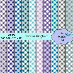 Può includere: Un set di 20 motivi di carta digitale con un design gingham invernale in vari colori, tra cui blu, viola, verde e grigio. Ogni motivo misura 30,48 cm per 30,48 cm e ha una risoluzione di 300 DPI.