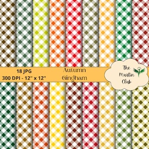 Può includere: 18 design di carta digitale con motivi a quadri vichy autunnali in vari colori, tra cui rosso, verde, giallo, arancione e marrone. Ogni design misura 12 pollici per 12 pollici e 300 DPI. Il testo "Autumn Gingham" e "The Martin Club" è incluso anche nell'immagine.