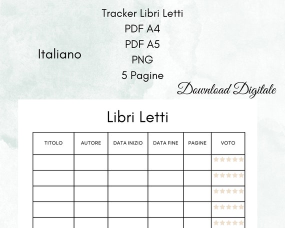 Book Read Tracker. Books I've Read. My Readings. Reading Log Tracker Italian.  Planner Books Read Italian. PDF A4-A5. Pngs. Insert 