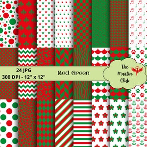 Può includere: Un set di 24 design di carta digitale in rosso e verde con vari motivi, tra cui pois, stelle, cuori, strisce e chevron. Le carte sono di 30,5 cm per 30,5 cm e 300 DPI.