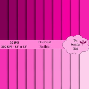 Könnte beinhalten: Ein Set mit 20 digitalen Hintergrundpapieren in verschiedenen Fuchsiatönen. Die Papiere sind 30,5 cm x 30,5 cm groß und haben eine Auflösung von 300 DPI. Der Text "Fuchsia Solids" ist auf dem Bild zu sehen.