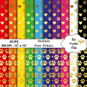 Golden Paw Prints Digital Papers Background Gold Hearts and Paw Print Scrapbook Paper Pattern - Digital Download - Personal & Commercial Use