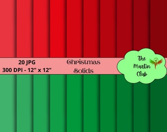 May include: A digital paper pack with 20 red and green solid color digital papers. The papers are 12 inches by 12 inches and 300 DPI. The text "Christmas Solids" is displayed on the image. The text "The Martin Club" is also displayed on the image.