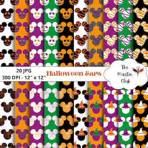 Può includere: Fogli digitali a tema Halloween con disegni di orecchie di topo. I motivi includono facce di zucca, ragnatele e cappelli da strega in arancione, viola, verde e nero. Il testo "Halloween Ears" è visibile.