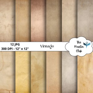 Può includere: Dodici texture di carta vintage in tonalità calde di marrone, beige e crema. Ogni texture misura 30,48 cm per 30,48 cm e 300 DPI. Il testo "Vintage" è visualizzato su uno striscione bianco nella parte superiore dell'immagine. Il testo "The Martin Club" è visualizzato in una forma di nuvola bianca con una grafica di uccello blu.