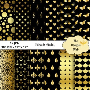 Può includere: Dodici design di carta digitale in nero e oro con vari motivi tra cui pois, stelle, note musicali, cuori, arcobaleni, farfalle, damasco, ancore, gigli, gocce di pioggia, triangoli e squame. Il testo "Black Gold" e "The Martin Club" è incluso anche nell'immagine.