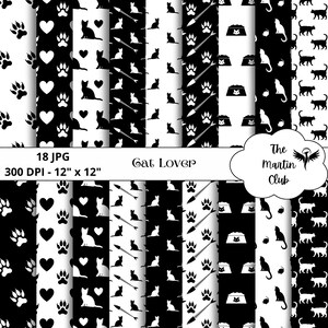 Cat Lover Background Digital Papers Black White Cat Digital Scrapbook Paper Pattern - Digital Download - Personal & Commercial Use