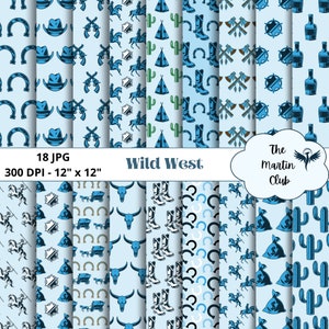 Può includere: Un set di 18 design di carta digitale con tema western. Le carte sono di colore azzurro chiaro con varie illustrazioni blu, nere e bianche di cappelli da cowboy, stivali, cavalli, cactus e altri simboli western. Il testo "Wild West" è incluso nell'immagine.