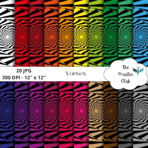 Puede incluir: Una colección de 20 archivos JPG digitales con un diseño de vórtice. Cada diseño tiene un centro en espiral con formas geométricas negras y de colores. Los archivos miden 30,48 cm x 30,48 cm y 300 DPI. También se ve el texto "Vortex" y "The Martin Club".