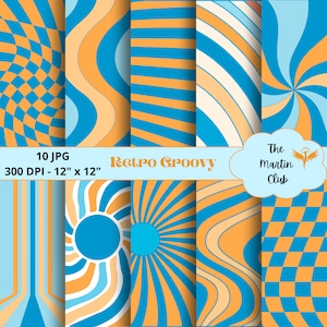 Retro Groovy Background Digital Papers Orange Blue Groovy 60' 70' Retro Scrapbook Paper - Digital Download - Personal & Commercial Use
