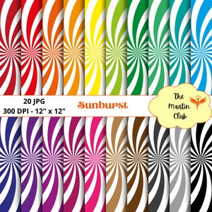 Può includere: Una collezione di 20 carte digitali con un design a raggi di sole. Ogni carta presenta una diversa combinazione di colori, tra cui rosso, arancione, giallo, verde, blu, viola, rosa, marrone, grigio e nero. Le carte misurano 30,48 cm x 30,48 cm.