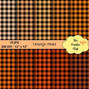 Può includere: Dieci motivi di carta digitale con disegni a quadri arancioni e neri. Ogni motivo misura 30,5 cm per 30,5 cm e 300 DPI. Il testo "Orange Plaid" è visualizzato sull'immagine.