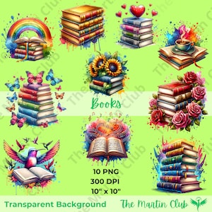Boeken Clip Art aquarel boek minnaar PNG transparante achtergrond - digitale download - persoonlijk en commercieel gebruik