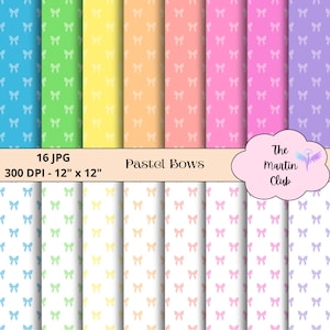Pastel Bows Digital Paper Background Rainbow White Ribbon Scrapbook Paper Pattern - Digital Download - Personal and Commercial Use