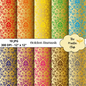 Può includere: Set di 10 motivi di carta digitale con un design damascato dorato e accenti di diversi colori. I motivi misurano 30,48 cm per 30,48 cm e hanno una risoluzione di 300 DPI.