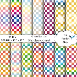 Può includere: 14 design di carta digitale con un motivo a scacchiera e sfondi sfumati in vari colori. Ogni design misura 12 pollici per 12 pollici e 300 DPI. Il testo "Gradients Checkerboard" è visualizzato al centro dell'immagine.