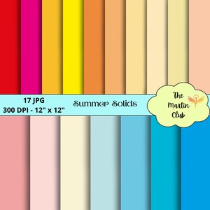 Op de afbeelding: Een digitaal papierpakket met 17 effen gekleurde digitale papieren in verschillende tinten rood, oranje, geel, roze, blauw en wit. Het papierpakket is 12 inch bij 12 inch en 300 DPI. De tekst "Summer Solids" wordt op de afbeelding weergegeven.