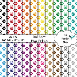 Può includere: 20 carte digitali con impronte di zampe arcobaleno su sfondo bianco. Ogni carta misura 30,5 cm per 30,5 cm e 300 DPI.