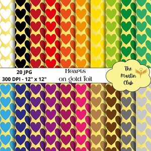 Può includere: Venti design di carta digitale con cuori in vari colori su uno sfondo di lamina dorata. Ogni design misura 12 pollici per 12 pollici e ha una risoluzione di 300 DPI. Il testo "Hearts on gold foil" è visualizzato nella parte superiore dell'immagine.