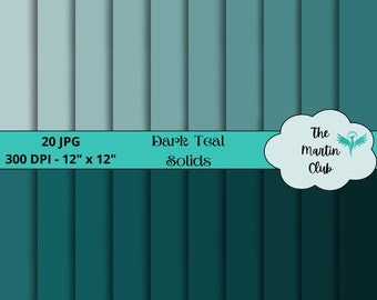 Puede incluir: Un conjunto de 20 fondos de papel digital en tonos de verde azulado. Los papeles son de 30,5 cm por 30,5 cm y 300 DPI. El texto "Dark Teal Solids" se muestra en la imagen.