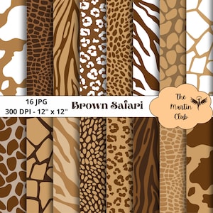 Può includere: Un pacchetto di carta digitale con 16 motivi di stampa di animali di safari marroni. Ogni motivo misura 30,5 cm per 30,5 cm e 300 DPI. I motivi includono giraffa, zebra, leopardo e ghepardo.
