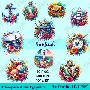 Clip Art Náutico ClipArt Náutico con Flores PNG Fondo Transparente - Descarga Digital - Uso Personal y Comercial