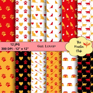 Può includere: Dodici design di carta digitale con motivi a tema gatto in rosso, giallo e nero. I motivi includono impronte di zampe, cuori, gatti, frecce e ciotole per il cibo. Il testo "Gat Lover" e "The Martin Club" è incluso nell'immagine.
