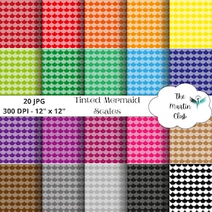 May include: A set of 20 digital paper designs featuring mermaid scales in various colors. Each design is 12 inches by 12 inches and 300 DPI. The text "Tinted Mermaid Scales" is included in the image.