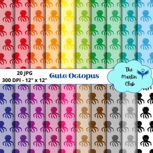 Può includere: Un set di 20 design di carta digitale con un simpatico motivo di polpo in vari colori. Ogni design misura 30,5 cm per 30,5 cm e ha una risoluzione di 300 DPI.