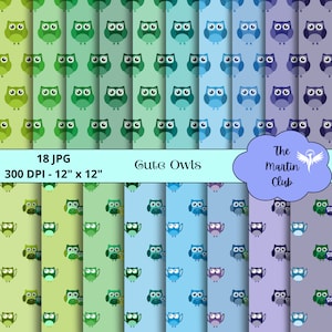 Cute Owls Background Digital Papers Green Blue Owls Scrapbook Pattern - Téléchargement numérique - Utilisation personnelle et commerciale