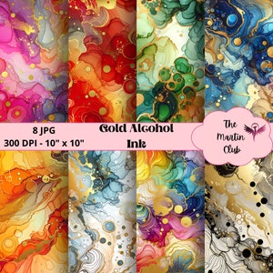 Può includere: Otto design di carta digitale con motivi astratti di inchiostro alcolico in vari colori, tra cui rosa, rosso, arancione, giallo, verde, blu e nero. I design hanno un accento metallico dorato. Il testo "Gold Alcohol Ink" è visualizzato sull'immagine. Il testo "8 JPG 300 DPI - 10" x 10" " è anche visualizzato sull'immagine.