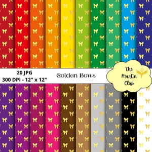 Golden Bows Digital Paper Background Rainbow Gold Ribbon Scrapbook Paper Pattern - Digital Download - Personal and Commercial Use
