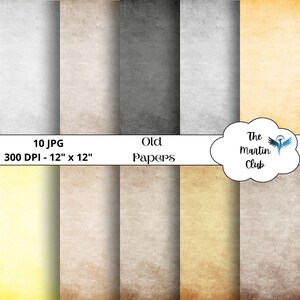 Può includere: Una collezione di dieci carte digitali JPG, ciascuna di 30,48 cm x 30,48 cm, con una varietà di sfondi invecchiati e strutturati. La tavolozza dei colori include sfumature di bianco, beige, grigio e marrone, con un'estetica vintage. Il testo "Old Papers" è visibile.