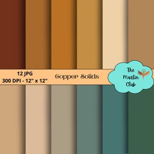 Può includere: Un set di 12 sfondi di carta digitale in varie tonalità di rame e verde. Le carte sono di 30,48 cm per 30,48 cm e 300 DPI. Il testo "Gopper Solids" è visualizzato sull'immagine. Il testo "The Martin Club" è visualizzato in una forma di nuvola.