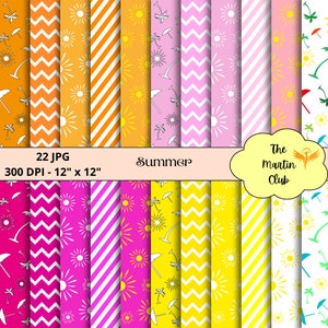 Può includere: Un set di 22 design di carta digitale con motivi a tema estivo in vari colori, tra cui giallo, arancione, rosa e bianco. I motivi includono strisce, zig zag e raggi di sole. Il testo "Summer" e "The Martin Club" sono anche inclusi nell'immagine.