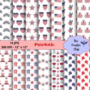 Può includere: Un set di 14 design di carta digitale a tema patriottico. I design presentano colori rosso, bianco e blu e includono immagini di stelle, strisce, cuori, fuochi d'artificio, aquile e altri simboli patriottici. Le carte misurano 30,5 cm per 30,5 cm e 300 DPI.