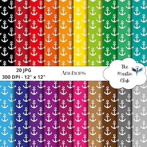 Può includere: Un set di 20 design di carta digitale con motivi di ancore bianche su una varietà di sfondi colorati. I fogli sono di 30,5 cm x 30,5 cm e hanno una risoluzione di 300 DPI. Ancore.