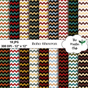 Può includere: Set di 18 motivi di carta digitale con disegni a chevron in vari colori, tra cui rosso, giallo, blu, verde e nero. Ogni motivo misura 30,5 cm per 30,5 cm e 300 DPI. Il testo "Boho Chevron" è incluso nell'immagine.