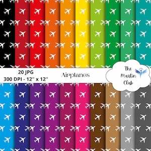 Può includere: Un set di 20 design di carta digitale con silhouette di aerei bianche su una varietà di sfondi colorati. Le carte sono di 30,5 cm x 30,5 cm e 300 DPI. Il testo "Airplanes" è visibile nella parte superiore dell'immagine.