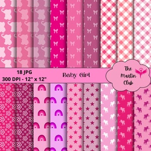 Può includere: Set di 18 carte digitali in rosa, viola e bianco con vari motivi tra cui elefanti, fiocchi, gingham, fiori, arcobaleni, stelle e unicorni. Le carte misurano 30,5 cm per 30,5 cm e 300 DPI.