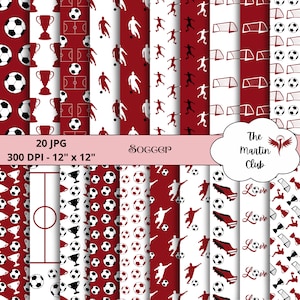 Peut inclure: Ensemble de 20 papiers numériques avec des motifs sur le thème du football en rouge et blanc. Les motifs comprennent des ballons de football, des cages de but, des trophées et des footballeurs. Les papiers mesurent 30,48 cm sur 30,48 cm et ont une résolution de 300 DPI.
