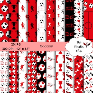 Soccer Digital Papers Background Red Black Football Sport Scrapbook Paper Pattern - Digital Download - Personal and Commercial Use