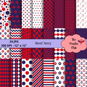 Blue Red Digital Papers Navy Red Pattern Scrapbook - Digital Download - Personal and Commercial Use