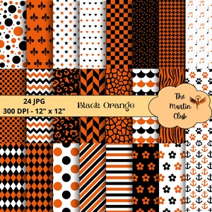 May include: A set of 24 digital paper patterns in black, orange, and white. The patterns include polka dots, stars, hearts, chequered, chevron, leopard print, giraffe print, scales, zebra stripes, paw prints, anchors, and flowers. The text "Black Orange" and "The Martin Club" is included in the image.