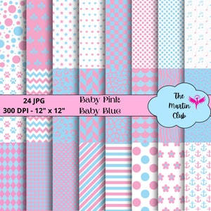 Può includere: Un set di 24 design di carta digitale in rosa e blu con vari motivi, tra cui pois, stelle, cuori, chevron, impronte di zampe, ancore e note musicali. Le carte sono di 30,5 cm per 30,5 cm e 300 DPI.