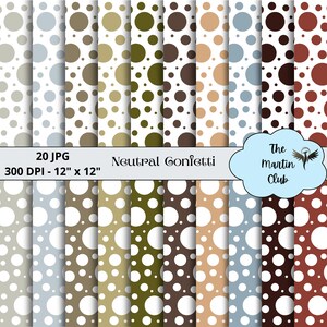 Può includere: Set di 20 motivi di carta digitale con pois di vari colori neutri su sfondo bianco. I motivi misurano 30,5 cm x 30,5 cm e hanno una risoluzione di 300 DPI.