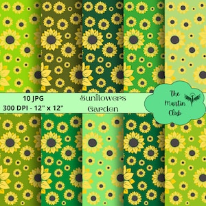 Sunflowers Garden Background Digital Papers Yellow Green Sunflowers Scrapbook Paper Pattern - Digital Download - Personal and Commercial Use